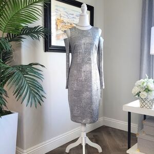 Calvin Klein Womens Cold Shoulder Long Sleeves Midi Cocktail Dress